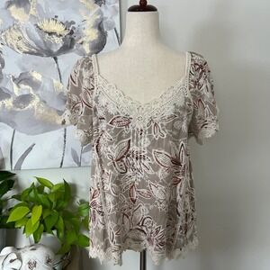 Womens Top Large Embroidered Floral Boho‎ Fairy Cottage Prairie Flowy Tropical